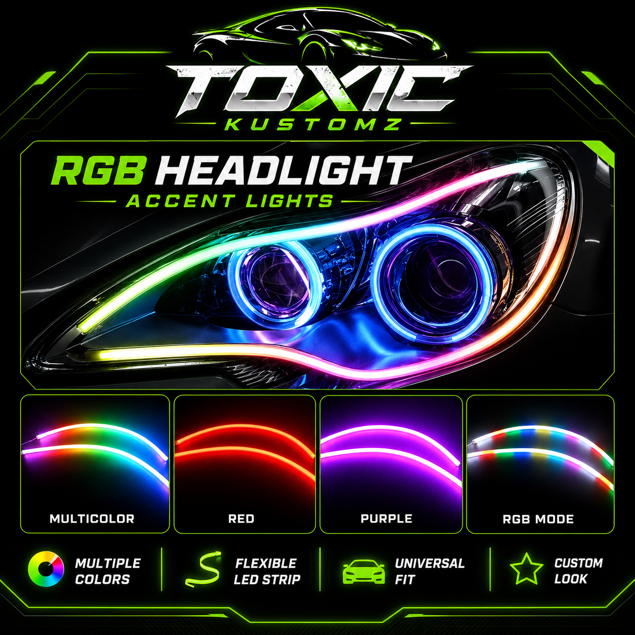 2PC RGB Flowing DRL Headlight Strip Kit – App Controlled Daytime Running Lights