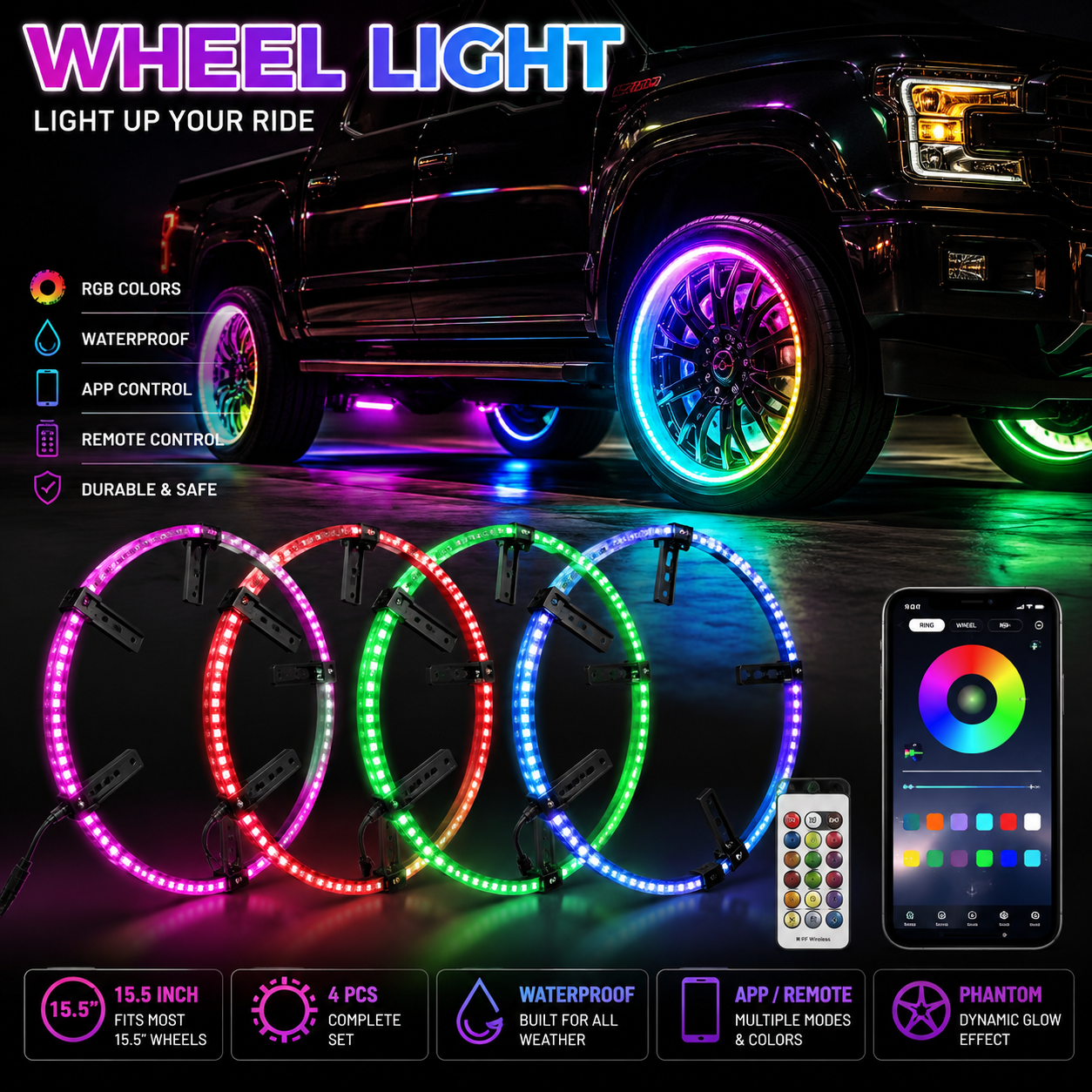 Universal 4PC RGB Wheel Hub Lights 15.5" Waterproof LED Ring Kit with App/Remote Control