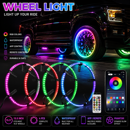 Universal 4PC RGB Wheel Hub Lights 15.5" Waterproof LED Ring Kit with App/Remote Control