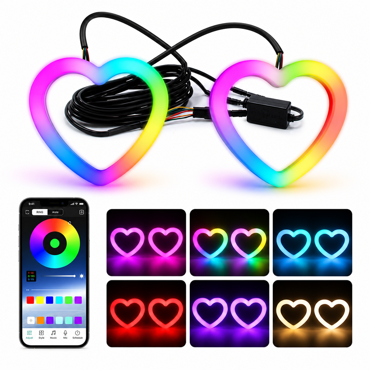 Universal RGB Heart Angel Eyes Halo LED DRL with Bluetooth App Control