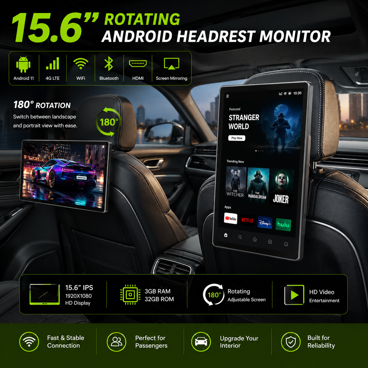 15.6" Rotating 4G Android Headrest Monitor