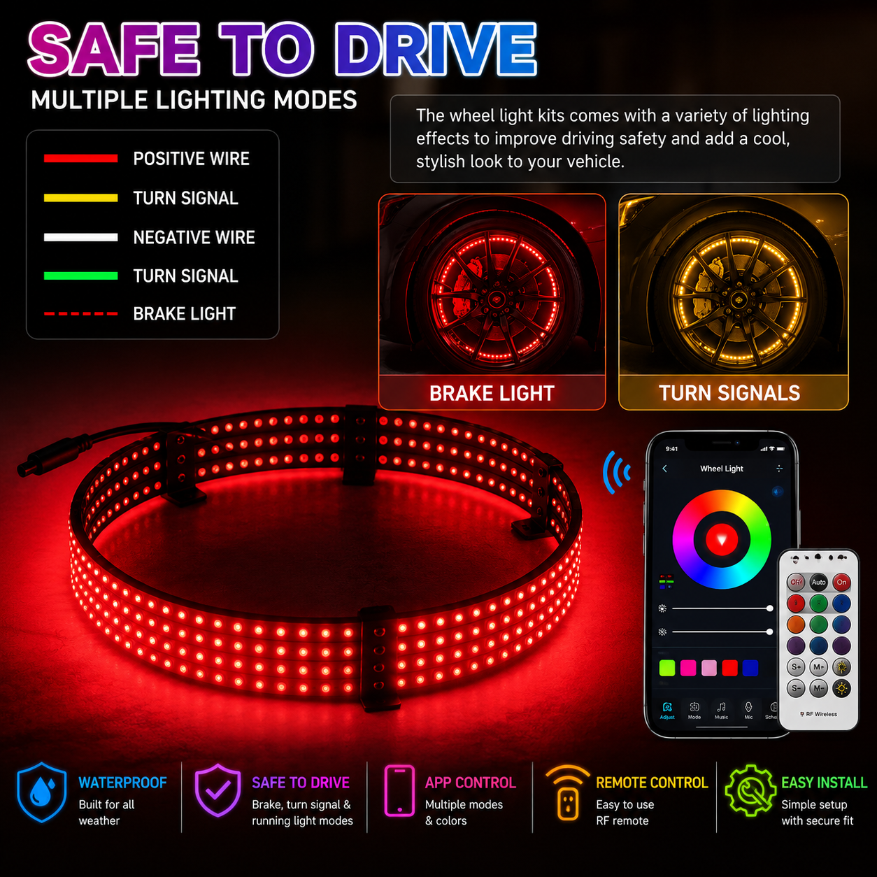 Universal 4PC RGB Wheel Hub Lights 15.5" Waterproof LED Ring Kit with App/Remote Control