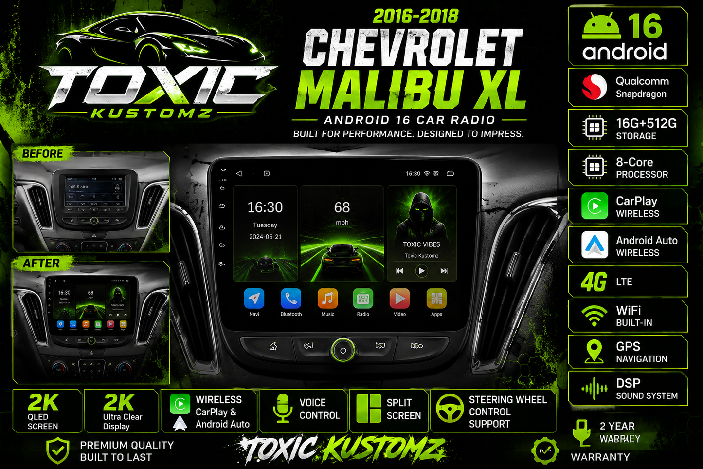 Chevrolet Malibu  2016–2018 Android 16 2K CarPlay Radio with GPS