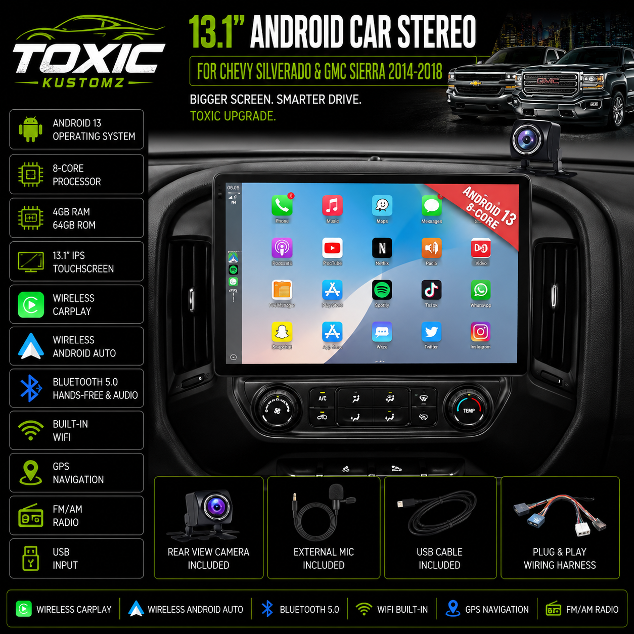 Toxic Vision™ 13.1" Android Display | Chevy Silverado & GMC Sierra (2014–2018)