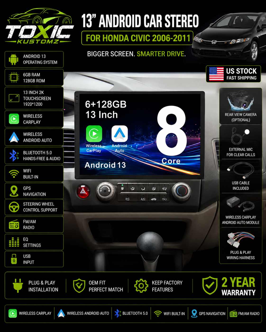 Toxic Vision™ 13" 2K Display | Honda Civic (2006–2011)