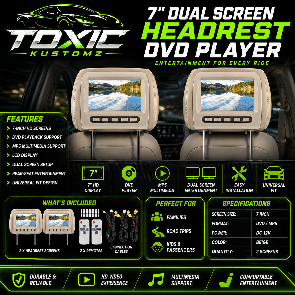 7" Dual Headrest Screen DVD Player