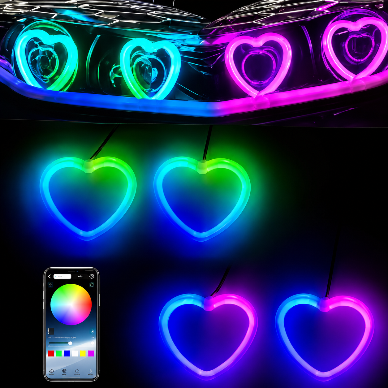 Universal RGB Heart Angel Eyes Halo LED DRL with Bluetooth App Control