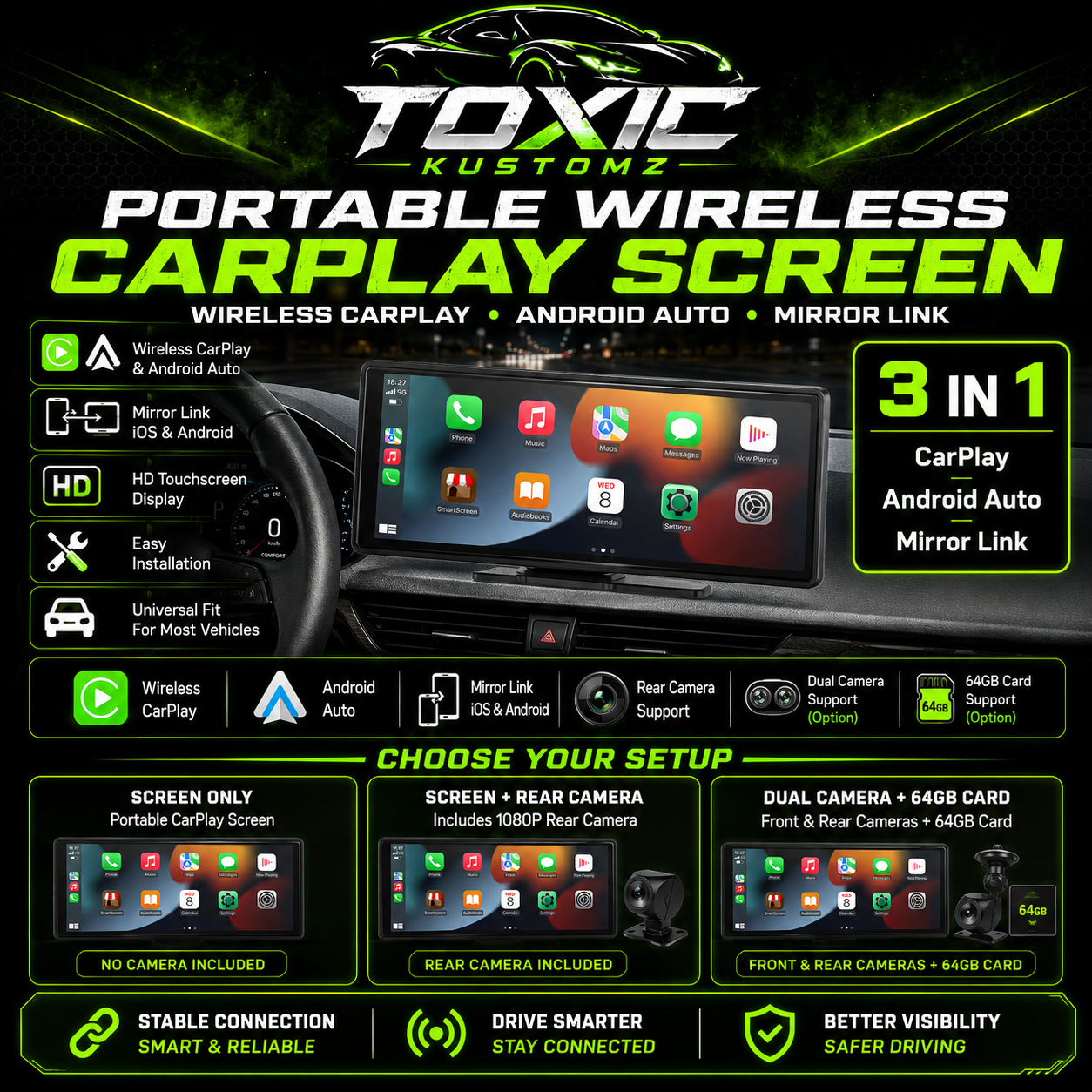 Portable Wireless CarPlay & Android Auto Screen