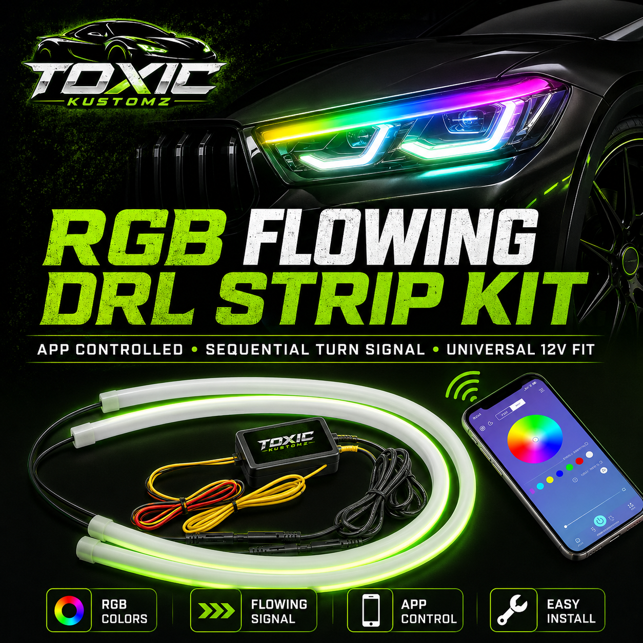 2PC RGB Flowing DRL Headlight Strip Kit – App Controlled Daytime Running Lights