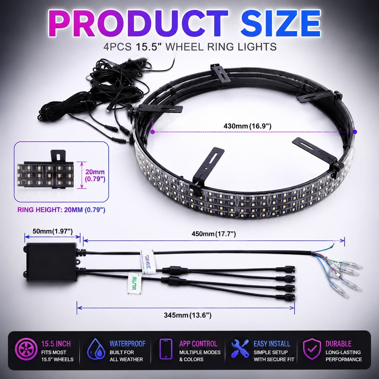 Universal 4PC RGB Wheel Hub Lights 15.5" Waterproof LED Ring Kit with App/Remote Control