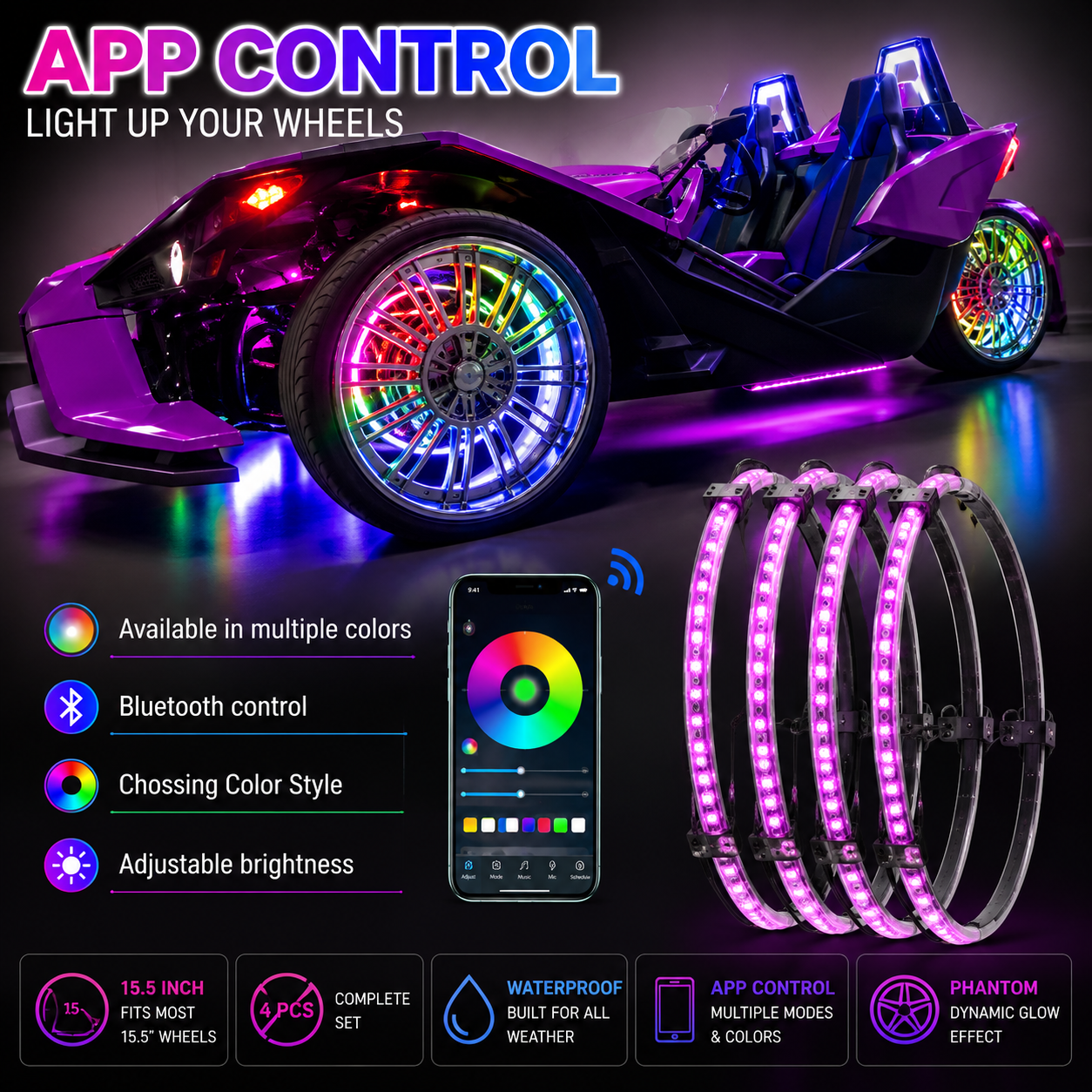 Universal 4PC RGB Wheel Hub Lights 15.5" Waterproof LED Ring Kit with App/Remote Control